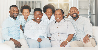 Buy stock photo Happy, together and portrait of a black family on a sofa for bonding, visit or quality time. Smile, group and African parents, children and grandparents on a couch for generations in the lounge