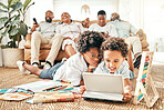 Children tablet app, black family and home living room of kids on a digital education game. Happy mom, father and parents love in a house sofa with happiness and bonding together learning on web