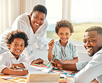 Elearning portrait, children and education with mother and father help of black family in a home. Student boys, tablet learning and online school development app with happiness  and smile in a house