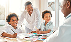 Homework, education and school with a black family learning together in their home for child development. Kids, writing or books with children and parents in their house to study for growth