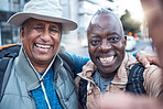 Elderly travel, portrait men and selfie of senior friends in a city with happiness and freedom on vacation. Happy face, urban picture and black people traveling together and laughing in New York