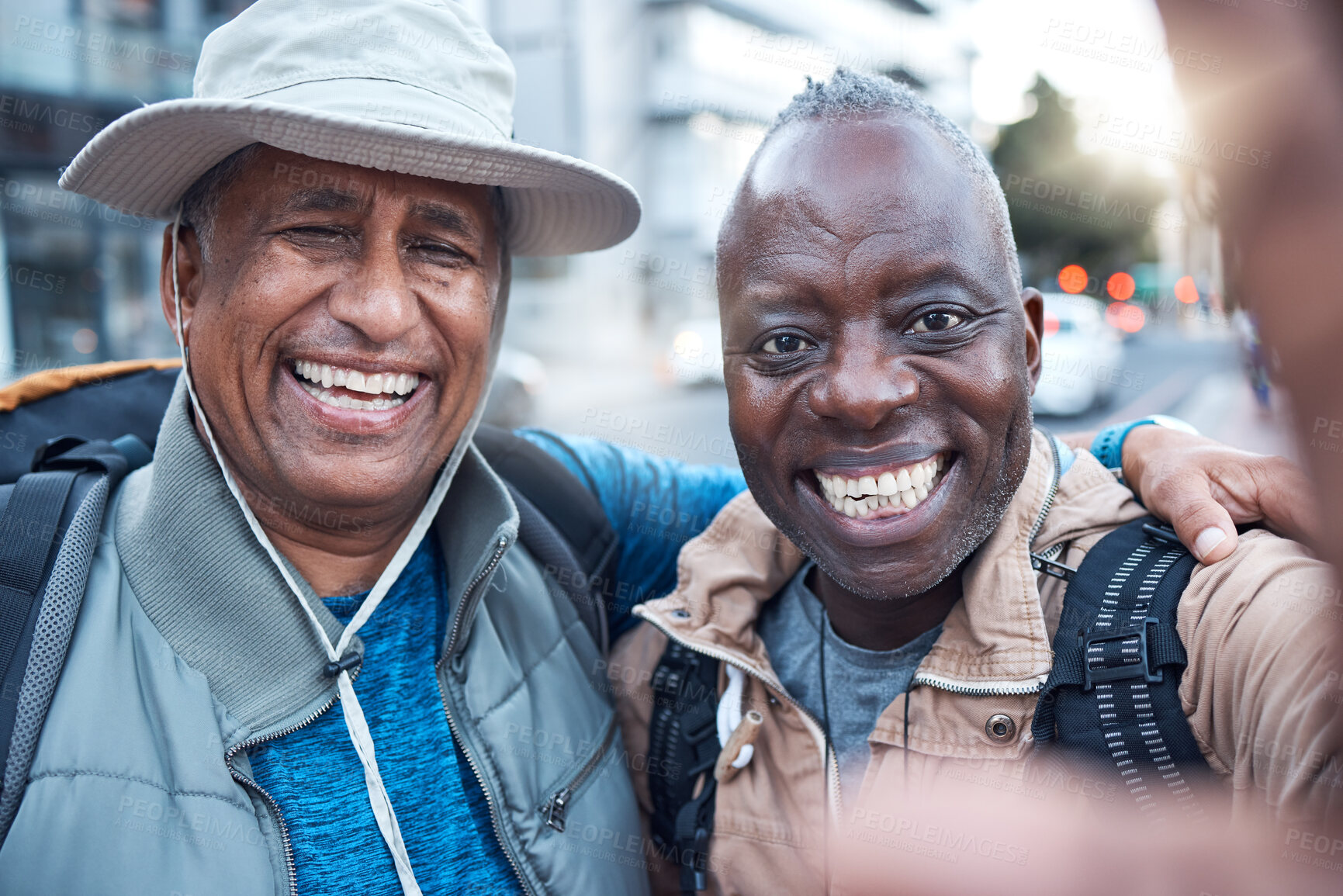 Buy stock photo Elderly travel, portrait men and selfie of senior friends in a city with happiness and freedom on vacation. Happy face, urban picture and black people traveling together and laughing in New York