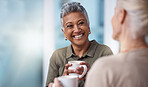 Mockup, senior women and coffee with friends, reunion and happiness with achievement, relax and conversation. Mature females, ladies and tea with discussion, smile and catch up on break and talking