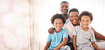 Portrait, love and black family with quality time,  happiness and loving together with joy, bonding and relax. Face, parents and children with smile, mother and father with kids, break and cheerful