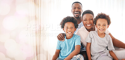 Buy stock photo Portrait, love and black family with quality time,  happiness and loving together with joy, bonding and relax. Face, parents and children with smile, mother and father with kids, break and cheerful