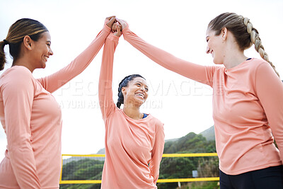 Buy stock photo Volleyball, beach or sports women high five playing a game, training or workout in summer together. Team fitness, girls support or happy friends smile on sand ready to start a fun match in Brazil