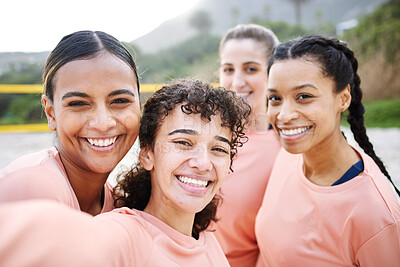 Buy stock photo Selfie portrait, volleyball and women on beach with smile excited for sports game, match and competition. Friendship, teamwork and happy female athletes take picture in training, practice and fitness