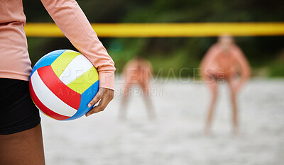 Buy stock photo Volleyball, beach body or hand of woman playing a game in training or team workout in summer together. Sports fitness, zoom or healthy girl  on sand ready to start a fun competitive match in Brazil