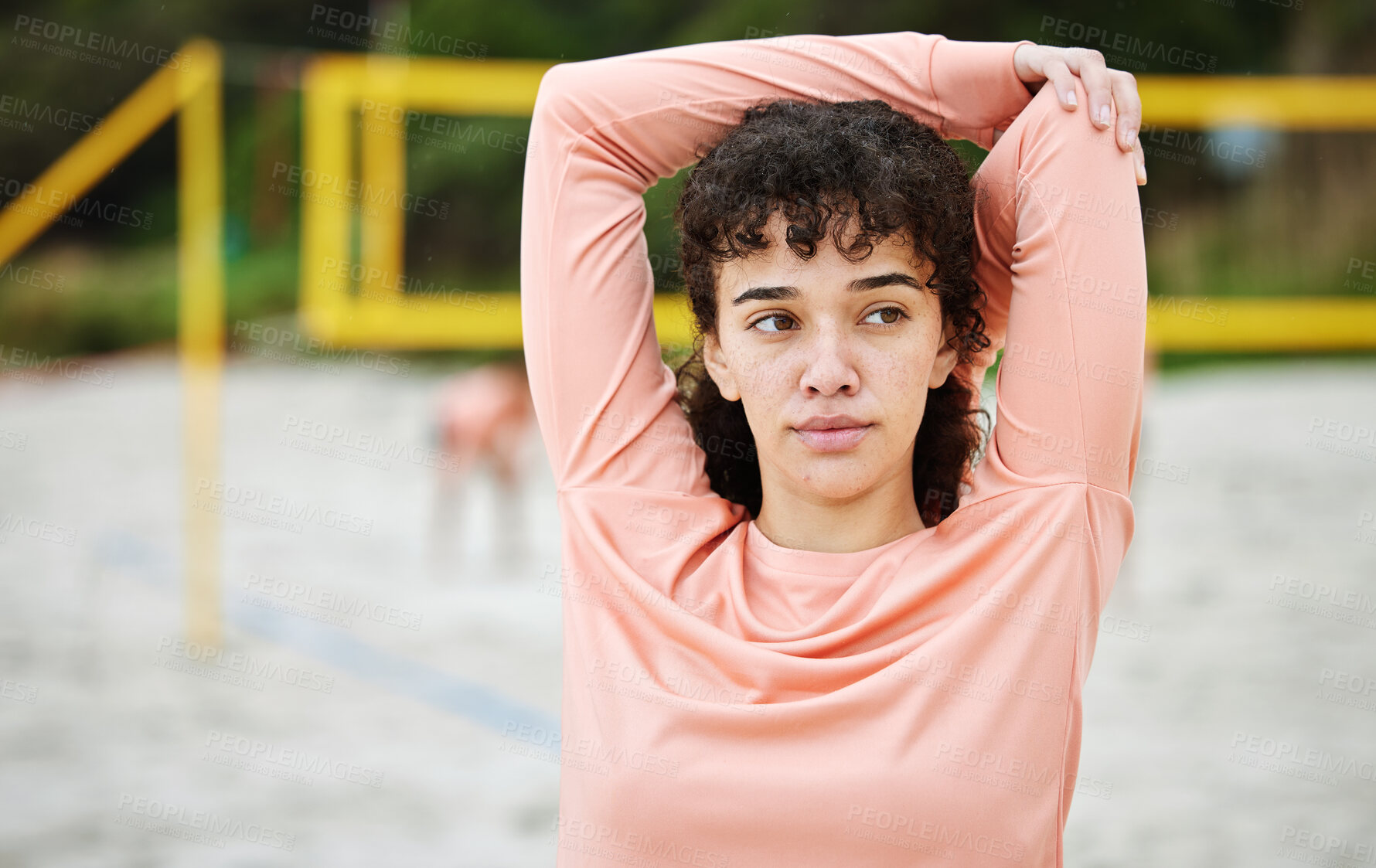 Buy stock photo Stretching arm, exercise and woman at beach for volleyball practice, training or workout. Thinking, sports fitness and female athlete warm up, prepare or get ready to start match, game or competition