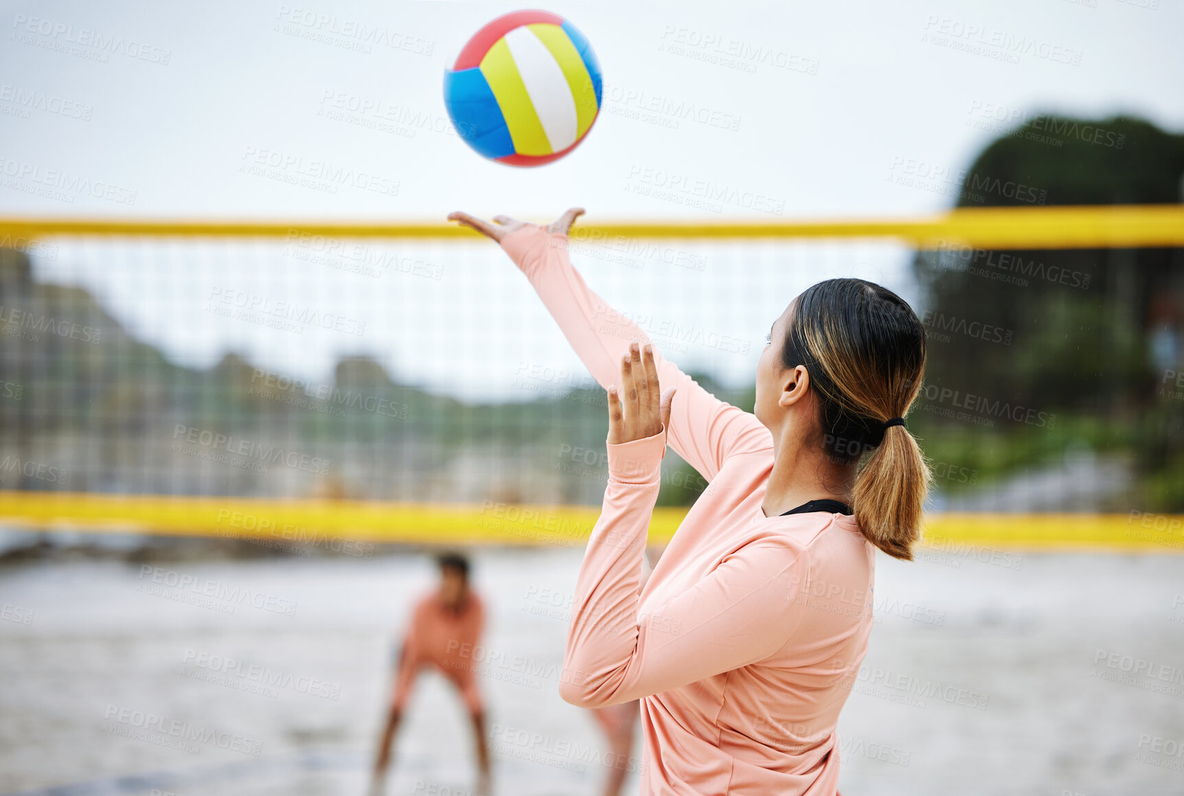 Buy stock photo Volleyball, beach or serve of sports women playing a game in training or workout in summer together. Team fitness, freedom or healthy friends on sand ready to start a fun competitive match in Brazil