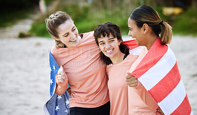 Buy stock photo Friends, flag and usa with girls on the beach together during summer day for bonding in nature. Team, patriot and diversity with american people outdoor on the sand by the coast for a vacation