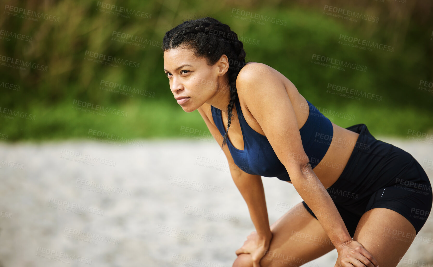 Buy stock photo Beach, fitness and serious with a woman runner breathing outdoor for cardio or endurance training. Exercise, tired or rest and a female athlete taking a break from running on the sand with mockup