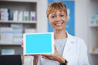 Buy stock photo Pharmacy, pharmacist and woman with tablet green screen for advertising, marketing or mockup space. Healthcare, wellness portrait or happy elderly medical doctor with technology for product placement