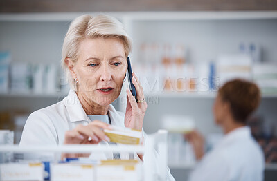 Buy stock photo Pharmacy, pharmacist and woman on phone call with medicine or pills in store for telehealth. Healthcare, smartphone and senior medical doctor in consultation with contact for medication prescription.