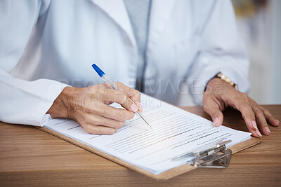 Buy stock photo Doctor, woman hands and reading documents on clipboard of monkeypox research, consulting report and planning. Closeup medical worker writing healthcare paperwork for planning, administration and test
