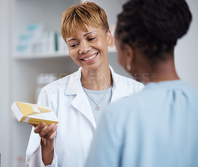 Buy stock photo Pharmacy, pharmacist and woman with medication for customer, pills or box in store. Healthcare, senior and happy medical doctor with prescription medicine, drugs or vitamins, supplements or product.