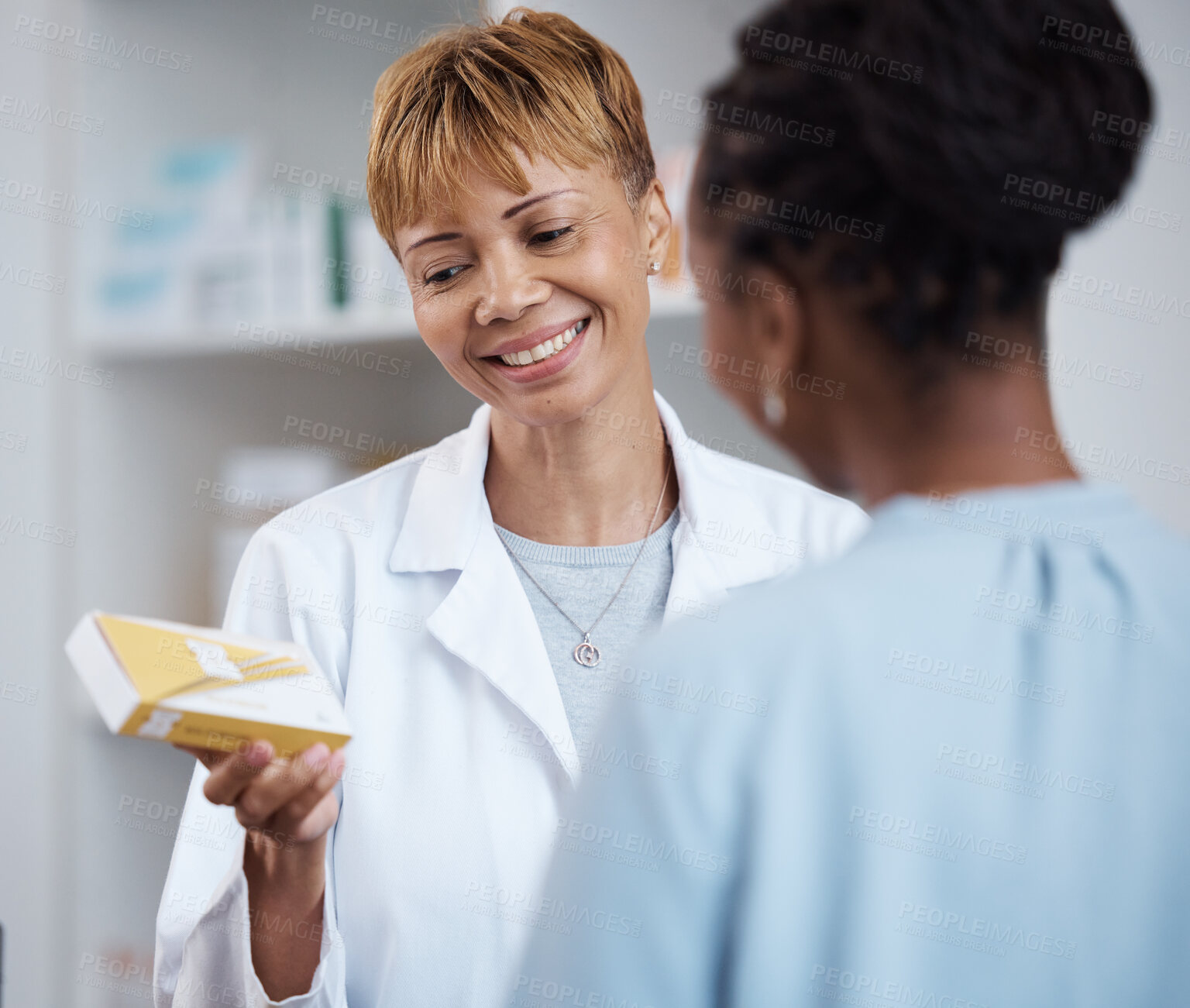 Buy stock photo Pharmacy, pharmacist and woman with medication for customer, pills or box in store. Healthcare, senior and happy medical doctor with prescription medicine, drugs or vitamins, supplements or product.