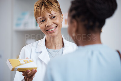 Buy stock photo Pharmacy, pharmacist and woman with medicine for customer, pills or box in drugstore. Healthcare, smile or happy medical doctor with prescription medication, drugs or vitamins, supplements or product