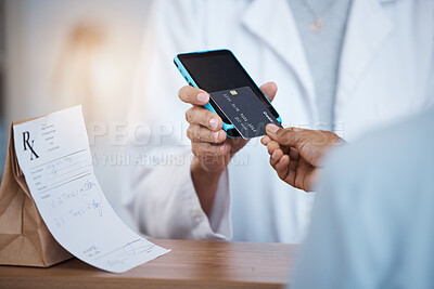 Buy stock photo Pharmacy, hands and credit card payment for medication, medicine or pills in drugstore. Healthcare ecommerce, fintech and customer woman shopping for medical drugs with point of sale machine in shop.