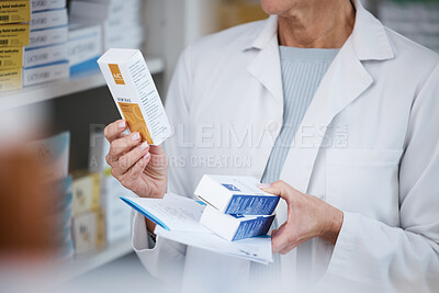 Buy stock photo Pharmacy, pharmacist and hands with medicine, pills or box in drugstore or shop. Healthcare, wellness and medical doctor, female or woman holding medication, product or drugs, vitamins or supplements