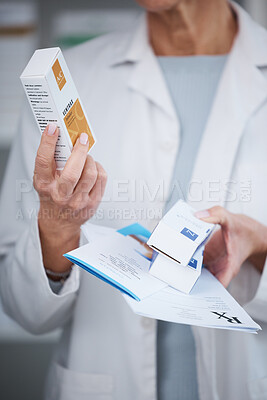 Buy stock photo Pharmacy, pharmacist and hands with inhaler medicine, pills or box in drugstore or shop. Healthcare, wellness and medical doctor, female or woman holding medication or drugs, vitamins or supplements.