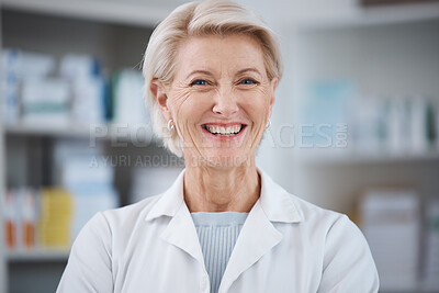 Buy stock photo Pharmacy, pharmacist portrait and smile of woman in drugstore or medicine shop. Healthcare, doctor face and happy, proud and confident senior medical professional from Canada laughing for career.