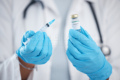 Buy stock photo Vaccine for monkey pox, doctor and syringe in hands for vaccination or booster shot in hospital. Zoom, needle and bottle, science with medical innovation for virus protection and safety in medicine.