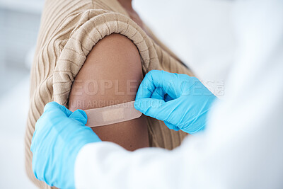 Buy stock photo Doctor, vaccine and woman with plaster on arm for healthcare, wellness services and medicine. Immunity injection, bandage and medical healing in hospital, surgery and clinic consulting of vaccination
