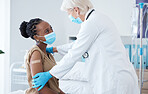 Medical, covid and vaccine with doctor and black woman for advice, treatment and results. Healthcare, medicine and protection with patient and expert for examination, prevention and outbreak