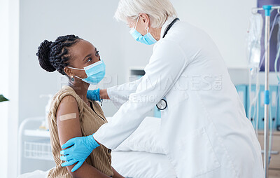 Buy stock photo Medical, covid and vaccine with doctor and black woman for advice, treatment and results. Healthcare, medicine and protection with patient and expert for examination, prevention and outbreak