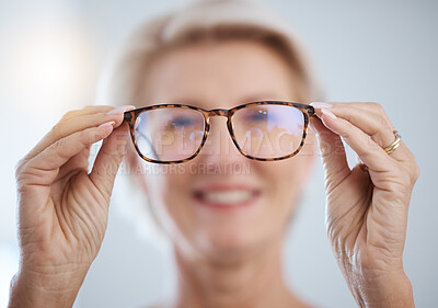 Buy stock photo Optometry, vision and senior woman with glasses for eye care, health and wellness in clinic. Healthcare, ophthalmology and portrait of elderly female with spectacles prescription lens in optic store.