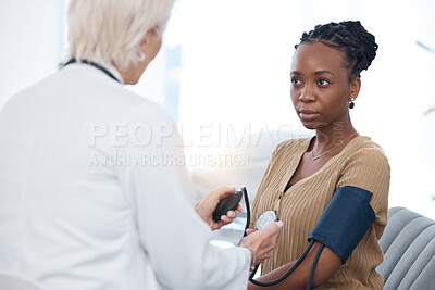 Buy stock photo Healthcare, checkup and black woman with a doctor for blood pressure, hypertension and cardiology. Medical, service and African patient with a gp for a routine consultation to monitor the heart