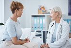 Doctor consulting woman patient for healthcare, clinic services and advice for wellness, therapy and results. Medical worker talking to client for help, surgery support and professional consultation