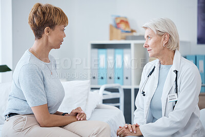 Buy stock photo Doctor consulting woman patient for healthcare, clinic services and advice for wellness, therapy and results. Medical worker talking to client for help, surgery support and professional consultation