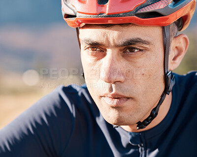 Buy stock photo Serious, cycling and face of man in nature for training, fitness and cardio. Focus, vision and professional biker in the countryside for a marathon, race or triathlon for sports, exercise and riding