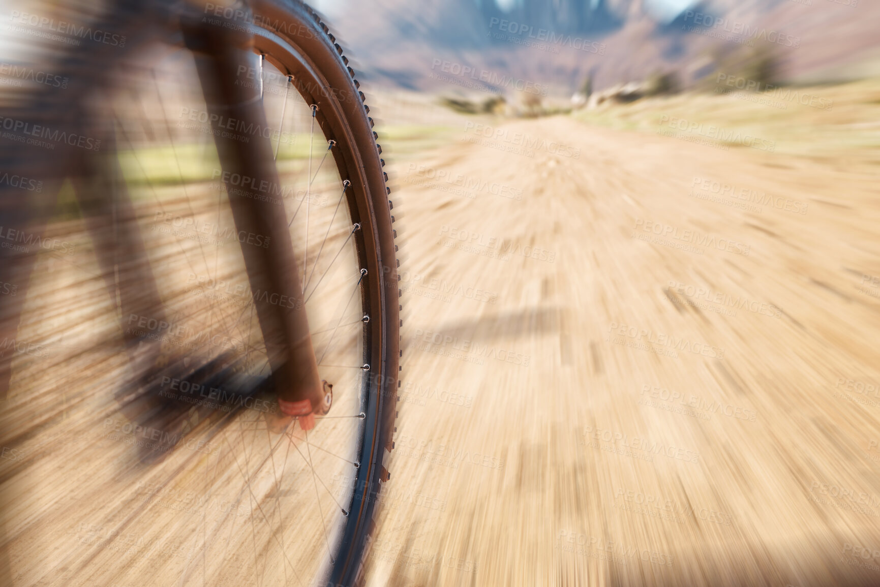 Buy stock photo Cycling wheel, motion blur and fitness in nature, countryside and training of triathlon, sports and power. Closeup bicycle, speed and outdoor adventure for off road freedom, bike exercise and action