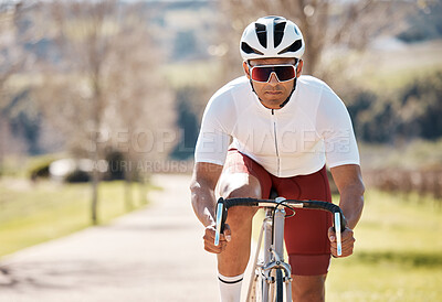 Buy stock photo Man, serious athlete and bicycle in nature, park path and exercise training of triathlon sports in sunshine. Cyclist, cycling gear and bike outdoor in summer, fitness challenge and cardio performance