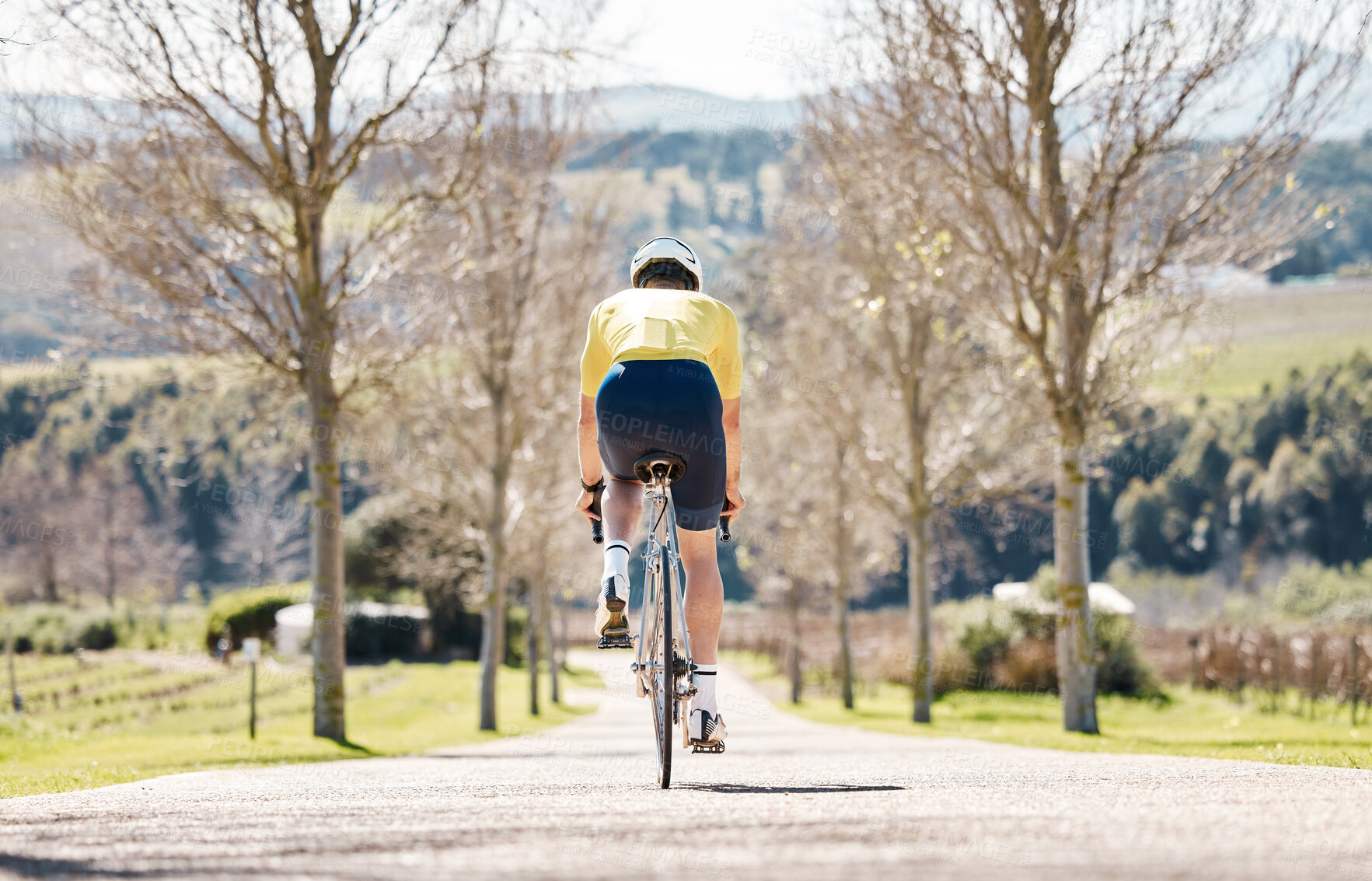Buy stock photo Back, man and bicycle for fitness, training and workout for wellness, healthy lifestyle and fresh air. Male athlete, biker and guy on road, cycling and practice for competition, exercise and hobby