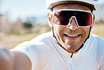 Selfie, portrait and man in nature for cycling, sports memory and enjoying a ride in the countryside. Smile, fitness and face of a biker taking a photo while riding in France for a race or triathlon