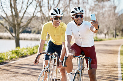 Buy stock photo Cycling, sports and selfie with friends in park for fitness, social media and teamwork training. Health, smile and happy with portrait of men on bike in outdoors for picture, workout and adventure