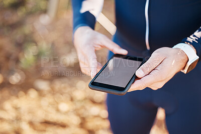 Buy stock photo 5g, phone screen and nature, hands of man at rest stop in countryside looking at direction or map information online. Mobile, fitness app and smartphone, cyclist on internet search for gps location.