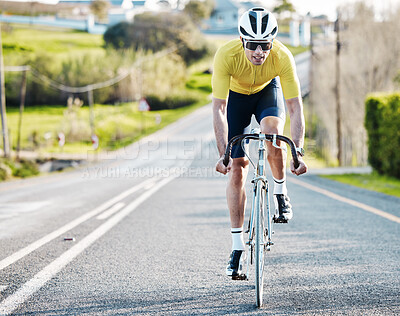 Buy stock photo Cycling, fitness and man with bike in street, cyclist outdoor in countryside and workout with helmet for safety. Sunglasses, male and athlete, training for race and exercise in nature with bicycle