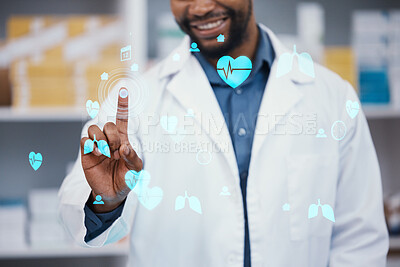 Buy stock photo Pharmacist, hand or medical hologram for medicine research, planning or interactive consulting help. Smile, happy or black man finger in pharmacy abstract, 3d interactive software or healthcare trust