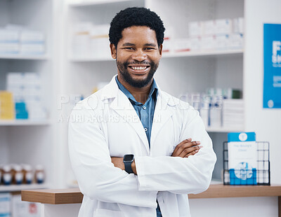 Buy stock photo Pharmacist, black man or arms crossed in portrait, medicine trust or about us healthcare in medical insurance drugstore. Smile, happy or confident pharmacy worker in retail leadership or consulting