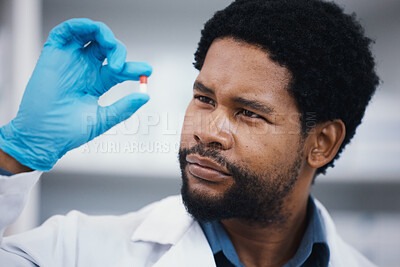 Buy stock photo Black man, pharmacist or holding pills in research, medical healthcare or wellness innovation in laboratory clinic or hospital study. Pharmacy, worker or employee with medicine drugs or product help