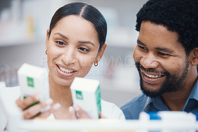Buy stock photo Pharmacist, worker or helping customer with medicine information, pills instruction or medical consulting in store. Happy pharmacy woman, black man or patient with retail drugs or healthcare product