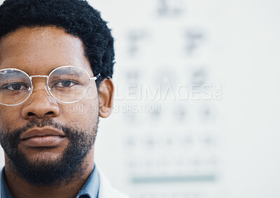 Buy stock photo Black man, portrait or glasses for eyes care, healthcare wellness or optometry help in retail store or shop. Zoom, face or customer with eyecare, prescription designer lens or vision frame mock up