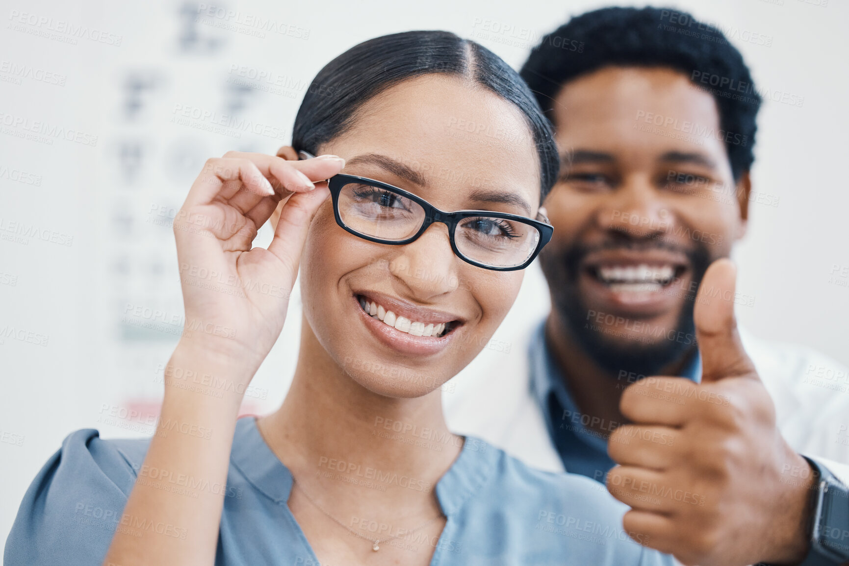 Buy stock photo Portrait, thumbs up or customer glasses in eyes healthcare, optometry wellness or vote at retail store, shop or clinic. Smile, happy or woman with thumb, optician help or winner prescription vision