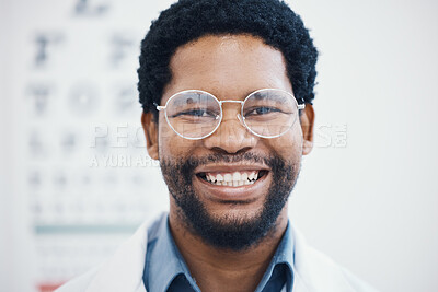Buy stock photo Optician, portrait or glasses for eyes care, healthcare wellness or optometry help in retail store or optometry shop. Zoom, happy or black man with eyecare, eyewear lens or prescription vision frame
