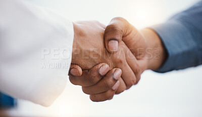 Buy stock photo Health, closeup and handshake for partnership, motivation and success with agreement, collaboration and greeting. Zoom, hands and people with teamwork, congratulations and consultation in hospital